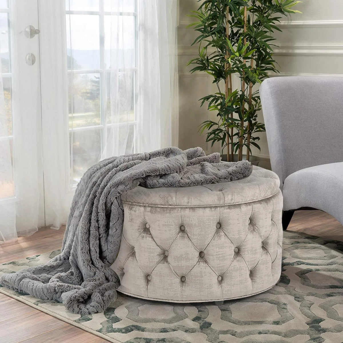 Beige Button Tufted Storage Ottoman X182