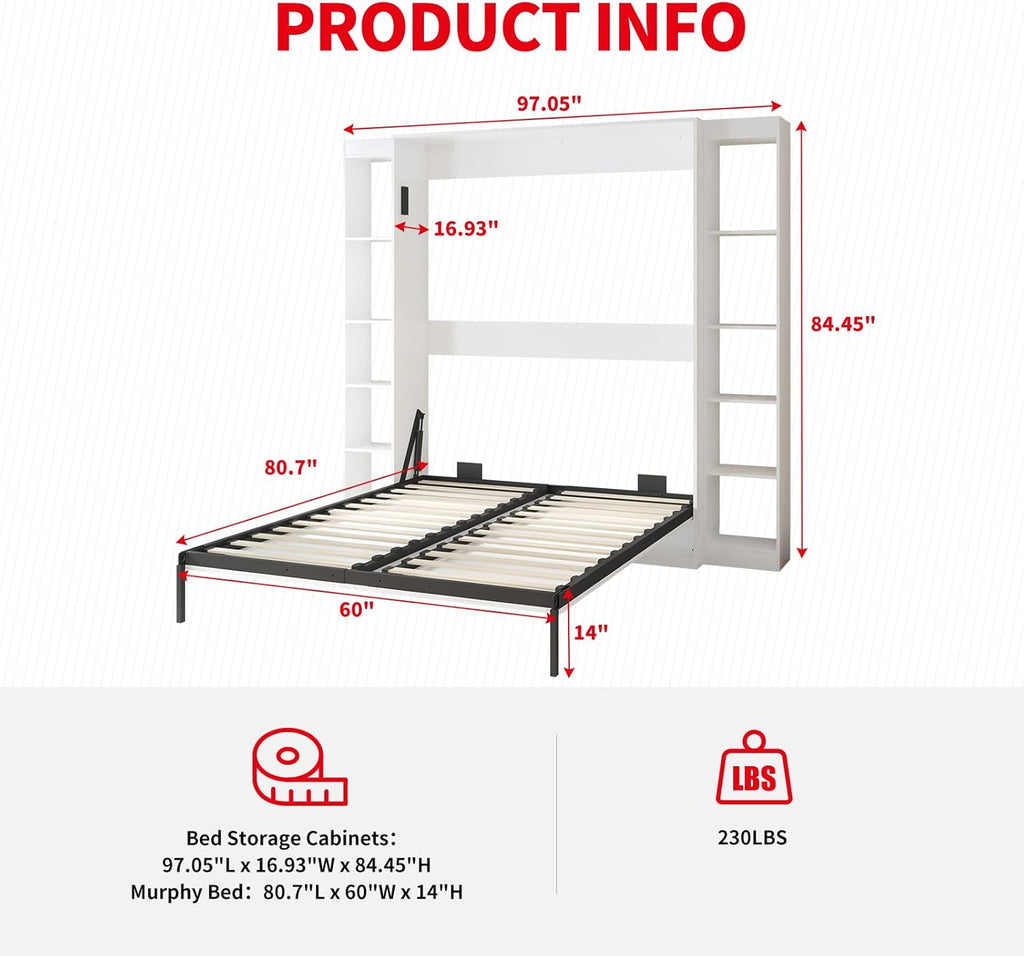 White Murphy Bed with Wardrobe, 2 Side Cabinet F6306