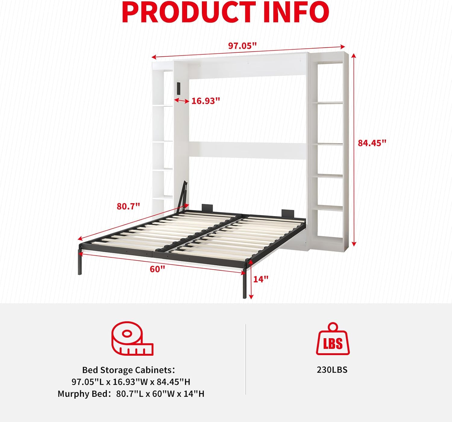 White Murphy Bed with Wardrobe, 2 Side Cabinet F6306