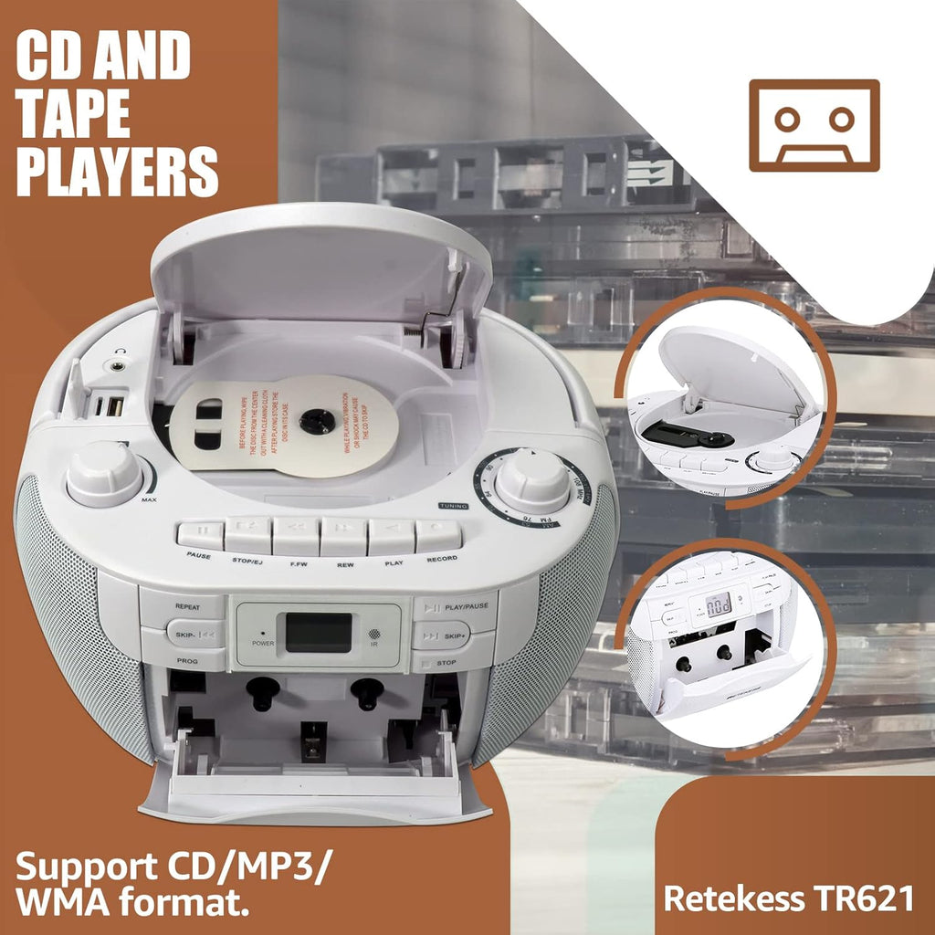 White Portable CD and Cassette Player Boombox with AM FM Radio C1810
