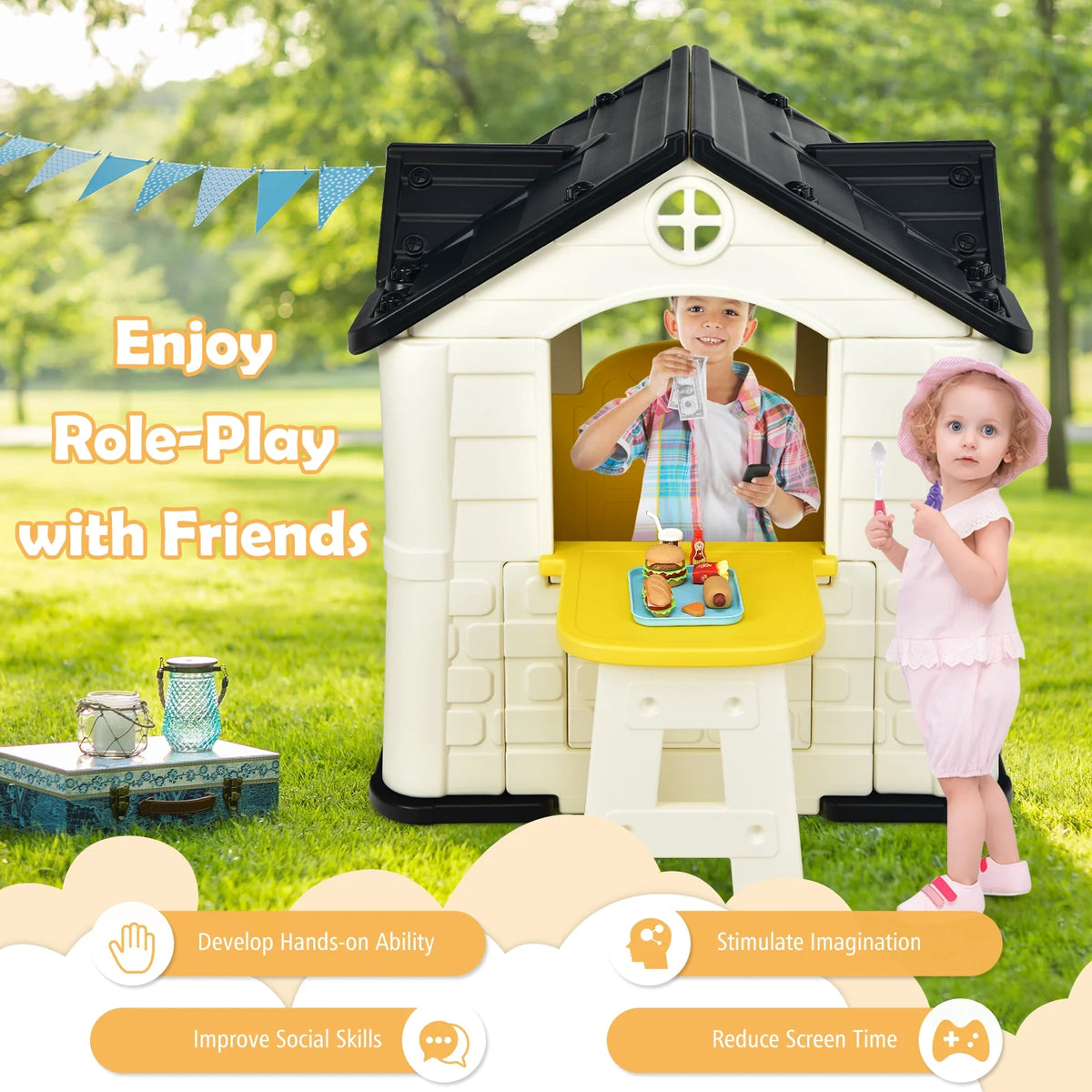 Yellow Playhouse Games Cottage with 7 PCS Toy Set and Waterproof Cover L449