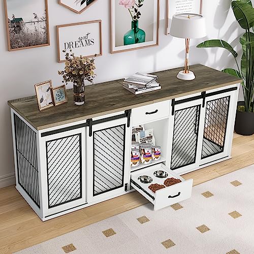 White 85" Sliding Door Double Dog Crate Kennel Furniture with 4 Dog Bowls and Drawer U57660