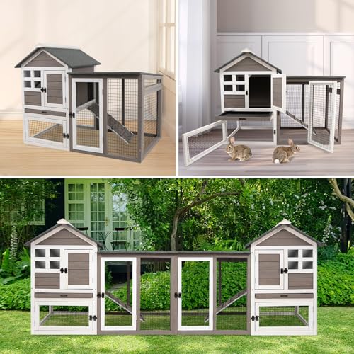Grey 2-Story Fir Wood Rabbit Hutch with Pull Out Tray S277
