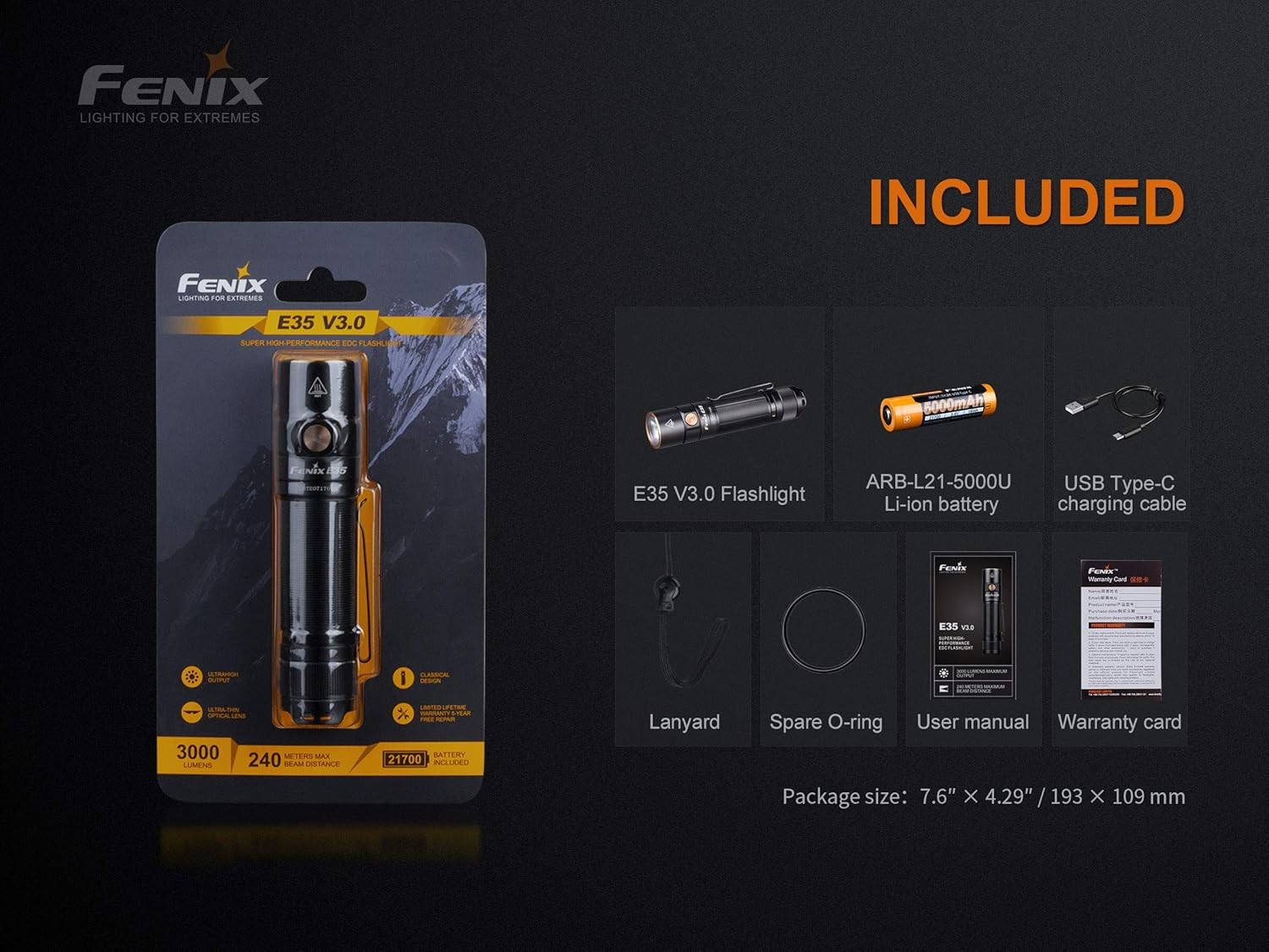 3000 Lumen USB-C Rechargeable LED Flashlight with 5000mAh battery and carrying case bundle E451163