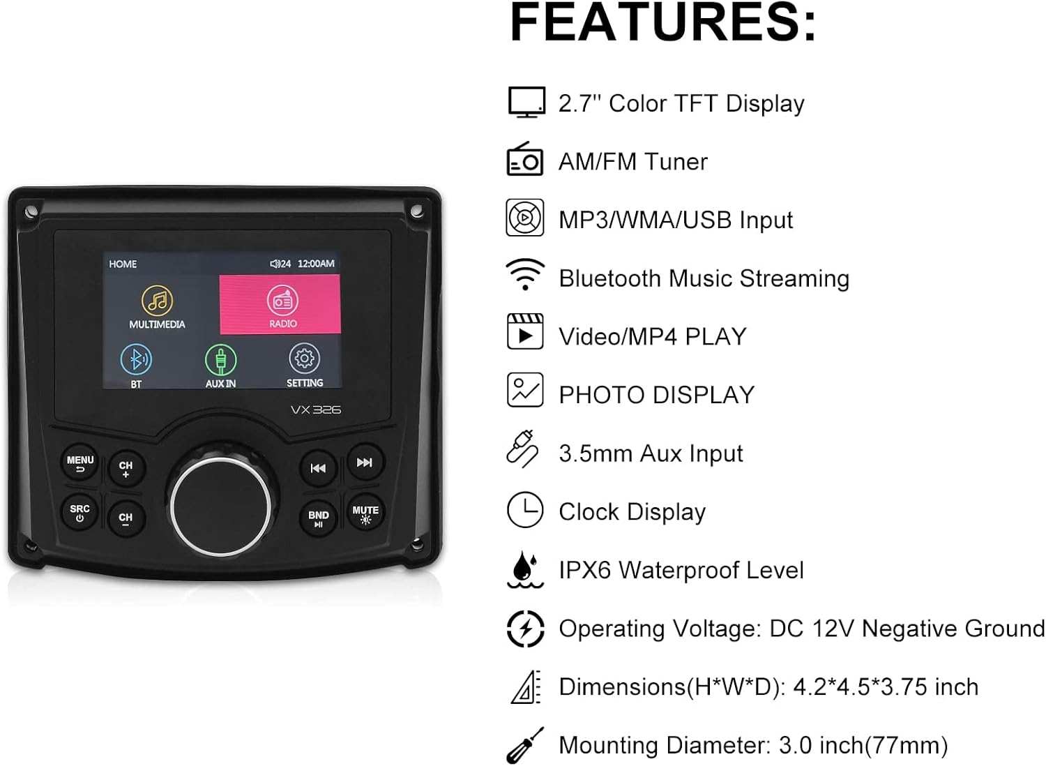 Marine Stereo Bluetooth Waterproof Digital Media Receiver with AM/FM, USB, MP3 Q637