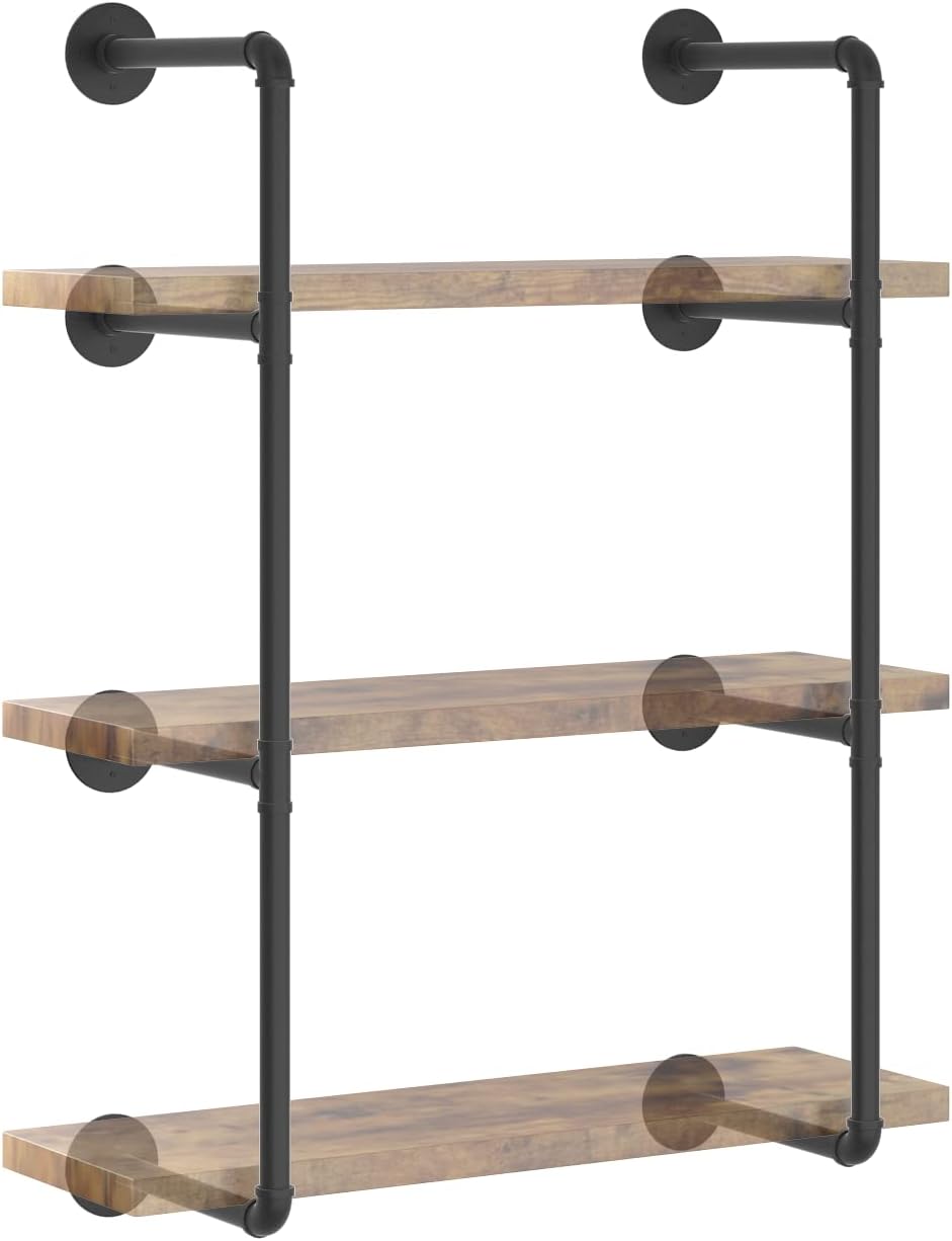 Industrial Wall Mount Iron Pipe Shelf Black 3 Tier X2 Z13265