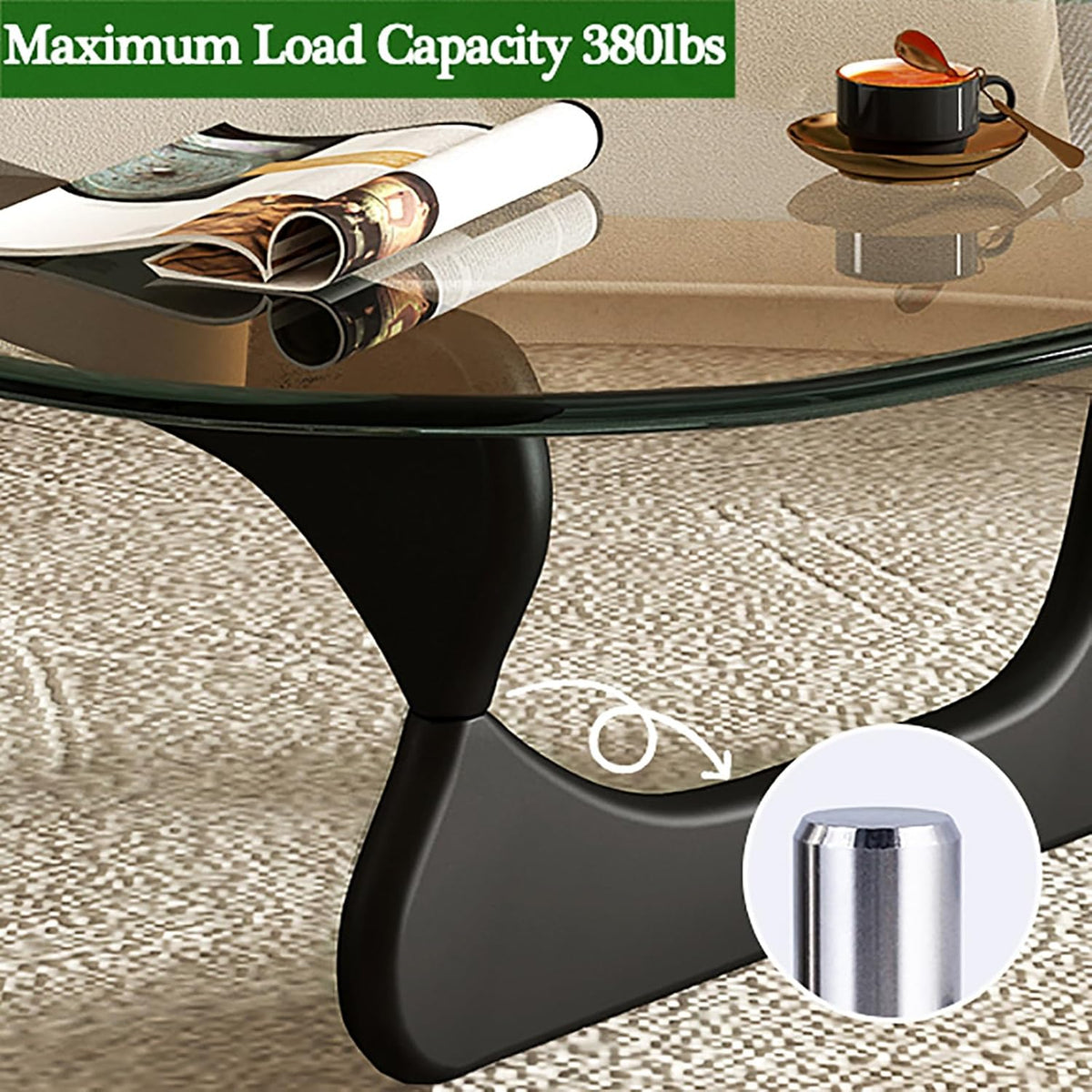 Glass Coffee Table with Solid Wood Base, Gray-Black K234