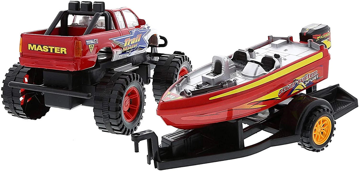 Red Black 9 Inch Truck with Detachable Trailer and 10 Inch Boat Friction Push Powered Playset W929