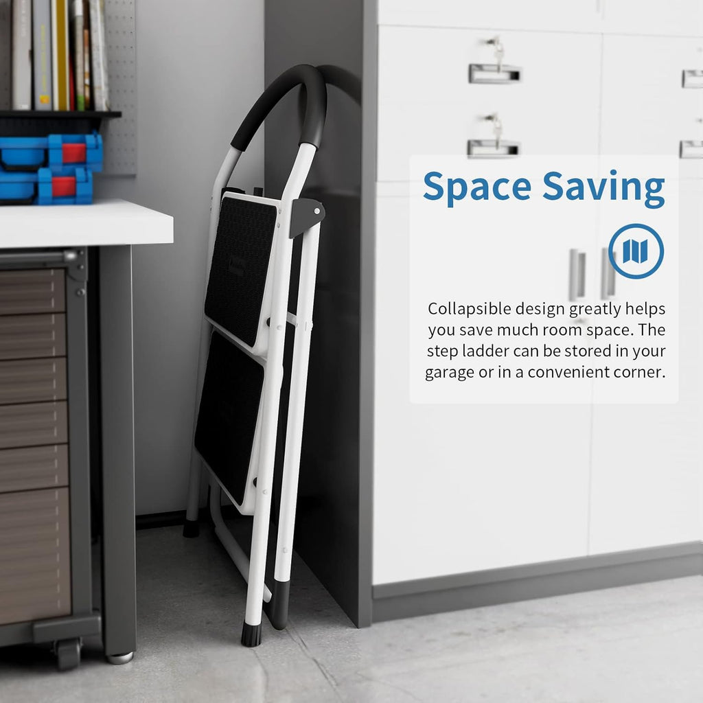 2 Step Folding Ladder with Arc-Shaped Handrail Metal Anti-Slip Base Wide Pedal Lightweight 330 LB Capacity Pack of 2 E7396