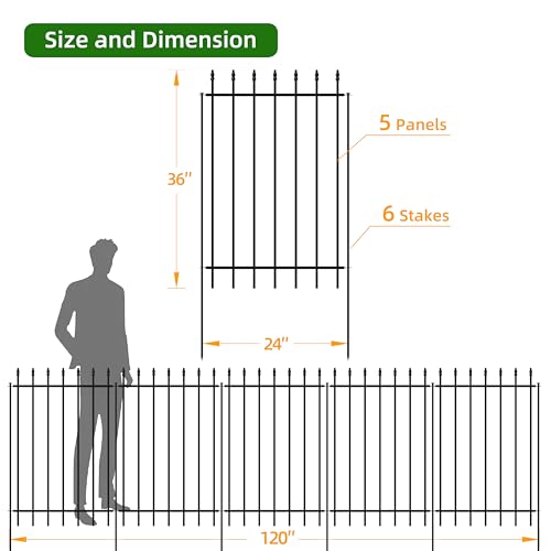 Black Metal Garden Fence 24 in H x 10 ft L 5 Panels + 6 Stakes A151