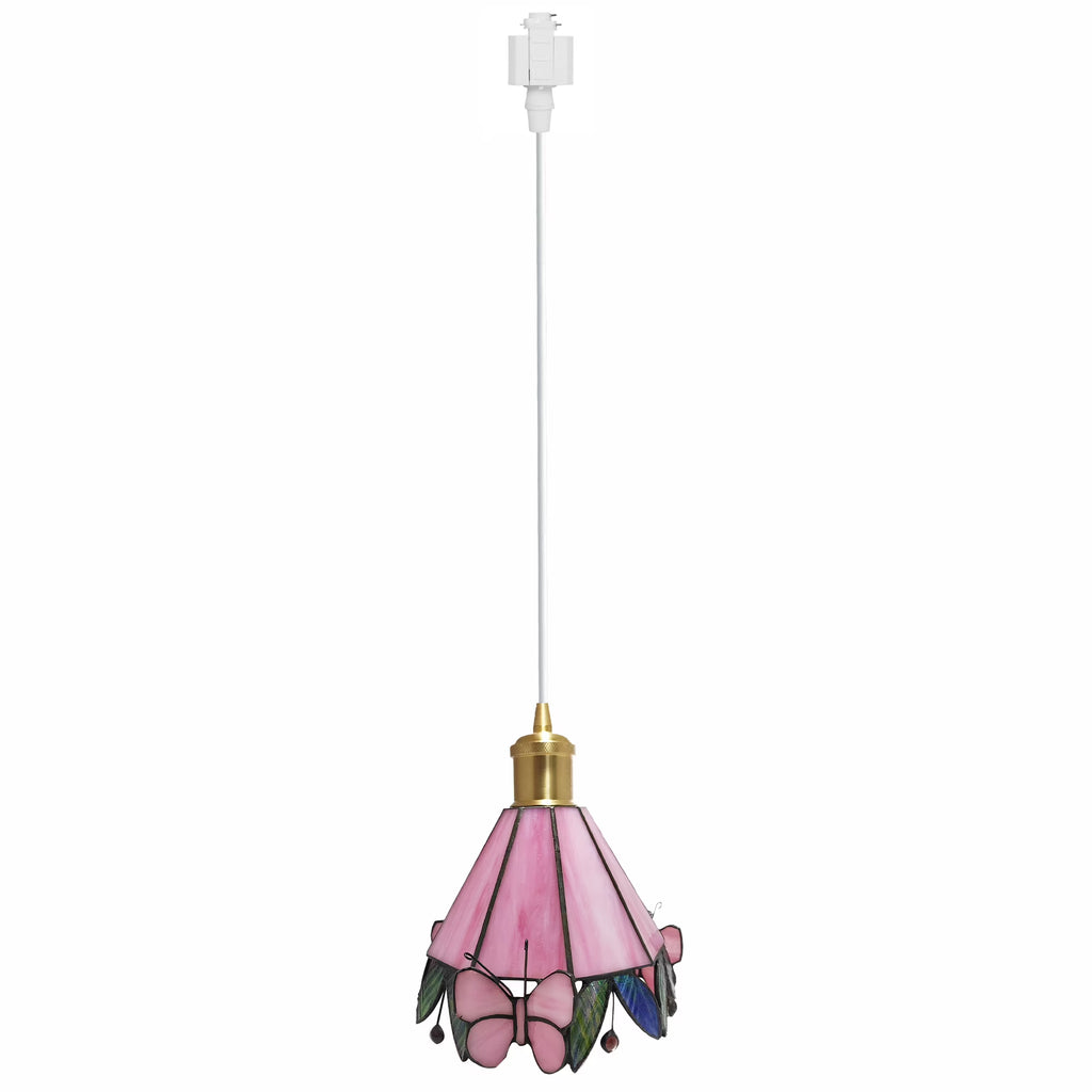 Pink Butterfly Brass Finished Stained Glass Pendant Light L37226