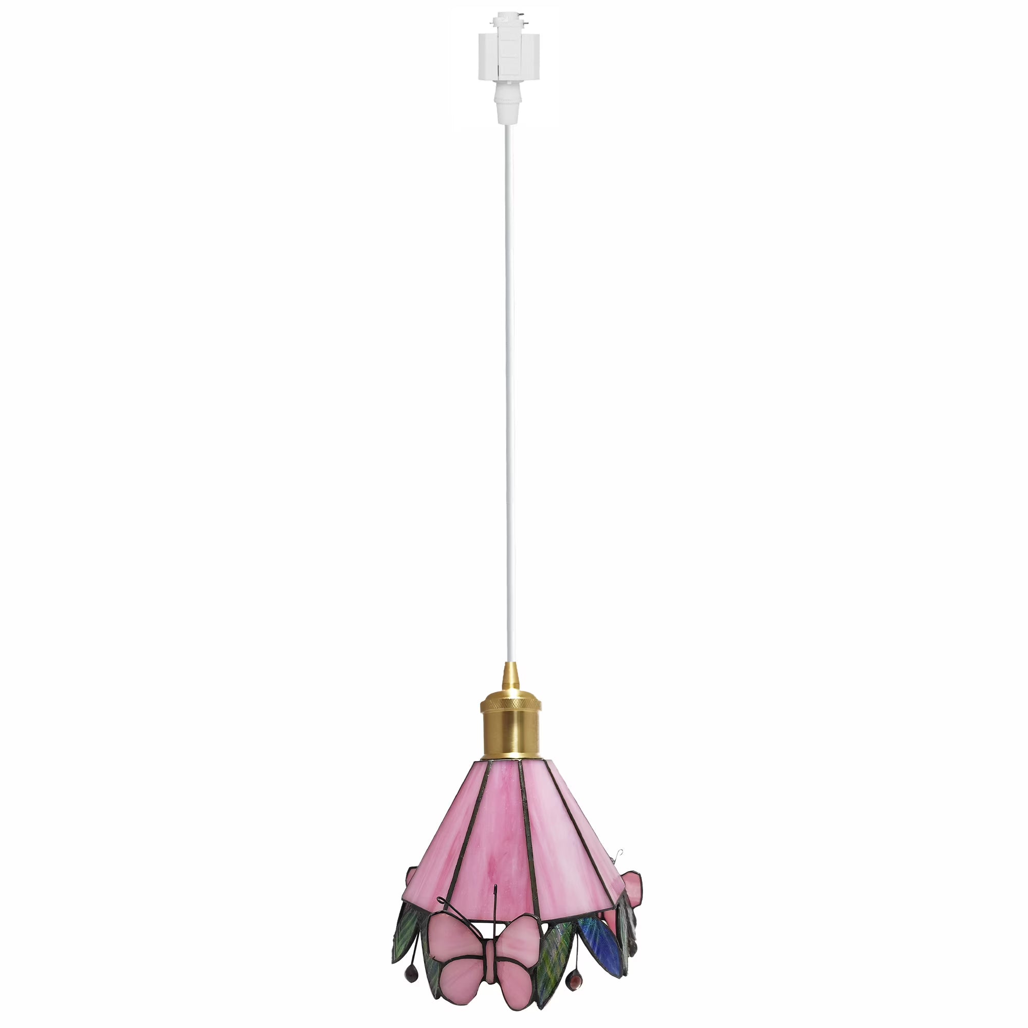 Pink Butterfly Brass Finished Stained Glass Pendant Light L37226