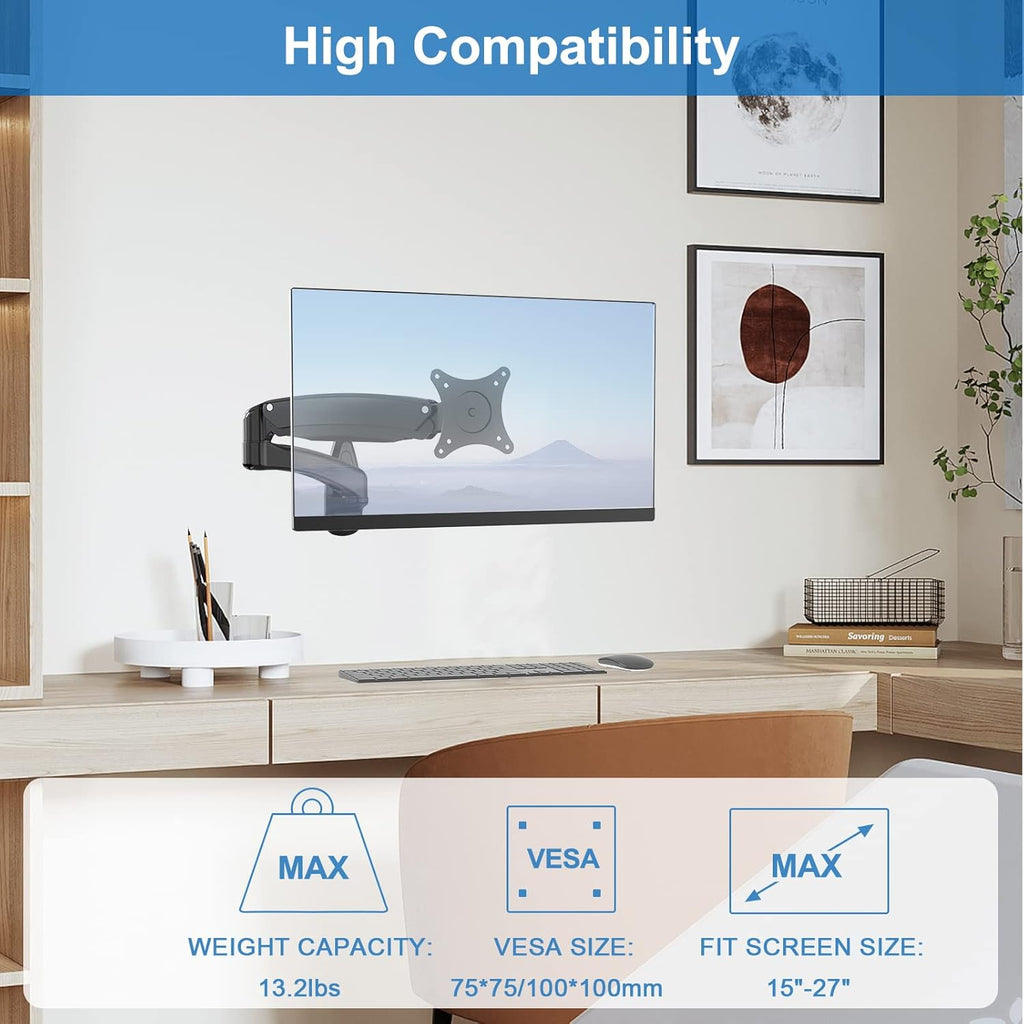 Single Wall Monitor Mount, Full Range Motion Wall Mounted Monitor Arm, Fully Adjustable PC Computer Wall Mount with Extendable Arm Fits up to 27" 13.2lbs Screens Max VESA Size 100x100mm Pack of 2 Y5075