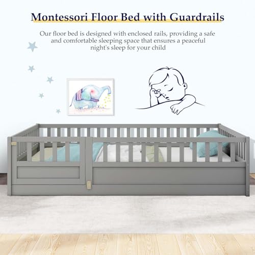 Full-White Wood Kids Floor Bed with Safety Guardrails J4932
