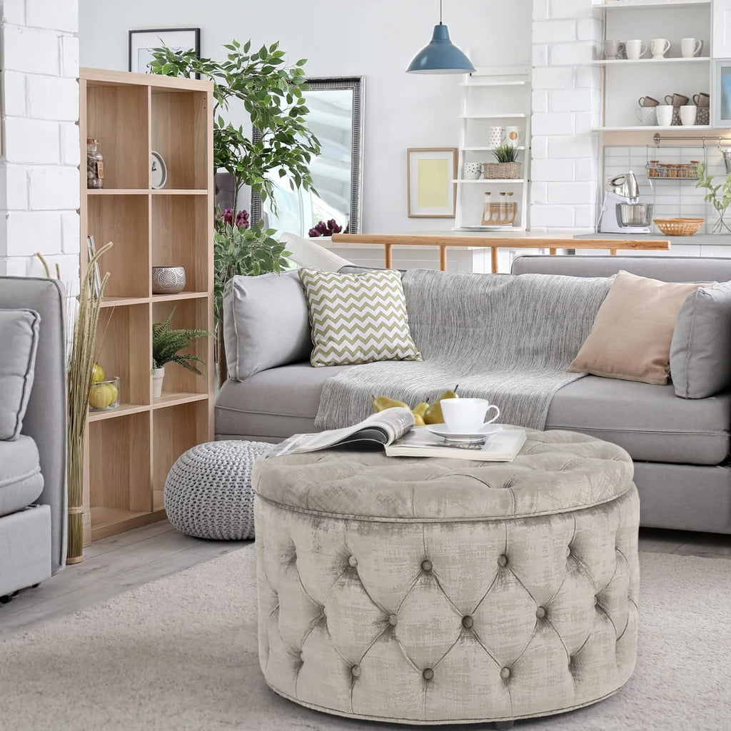 Beige Button Tufted Storage Ottoman X182