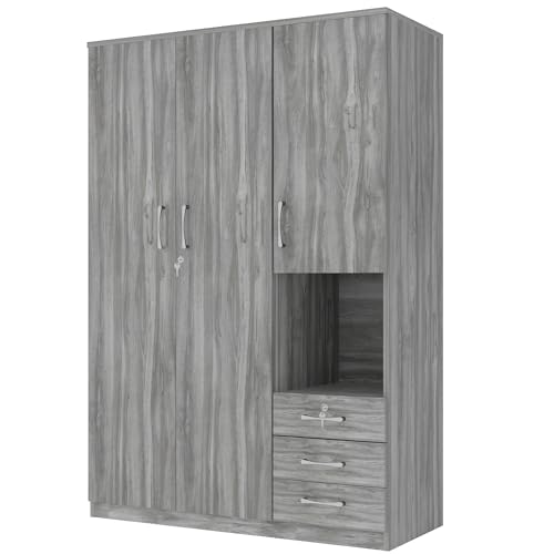 Grey 3 Door Wooden Wardrobe Closet with Drawers and Hanging Rail B496