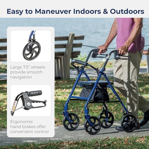 4 Wheel Steel Rollator Walker with Seat, Blue & Raised Toilet Seat with Removable Padded Arms L81120