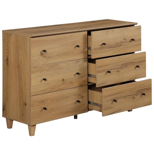 Oak Brown 6 Drawer TV Stand with 1 End Table 2 Drawers Charging Station 2 Pieces Wood Furniture Set J872219
