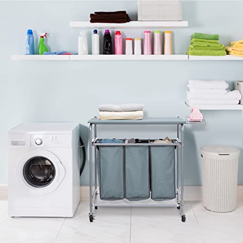 Blue Grey Rolling Laundry Sorter with Ironing Board and 3-Bag L3043