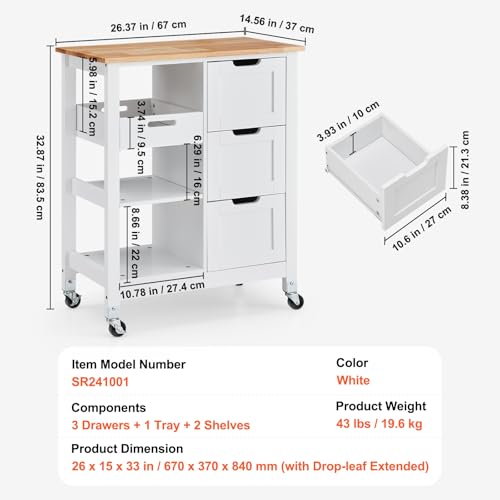 White 26 inch Wood Top Mobile Kitchen Island Cart with 3 Drawers and Shelves N780