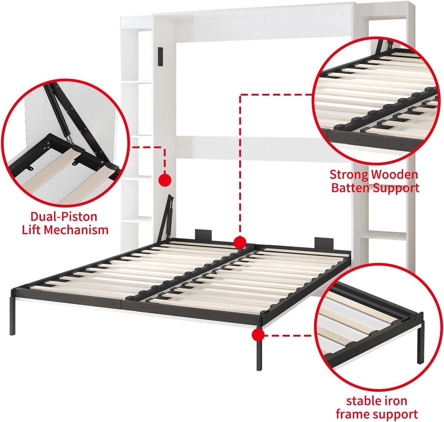 White Murphy Bed with Wardrobe, 2 Side Cabinet F6306