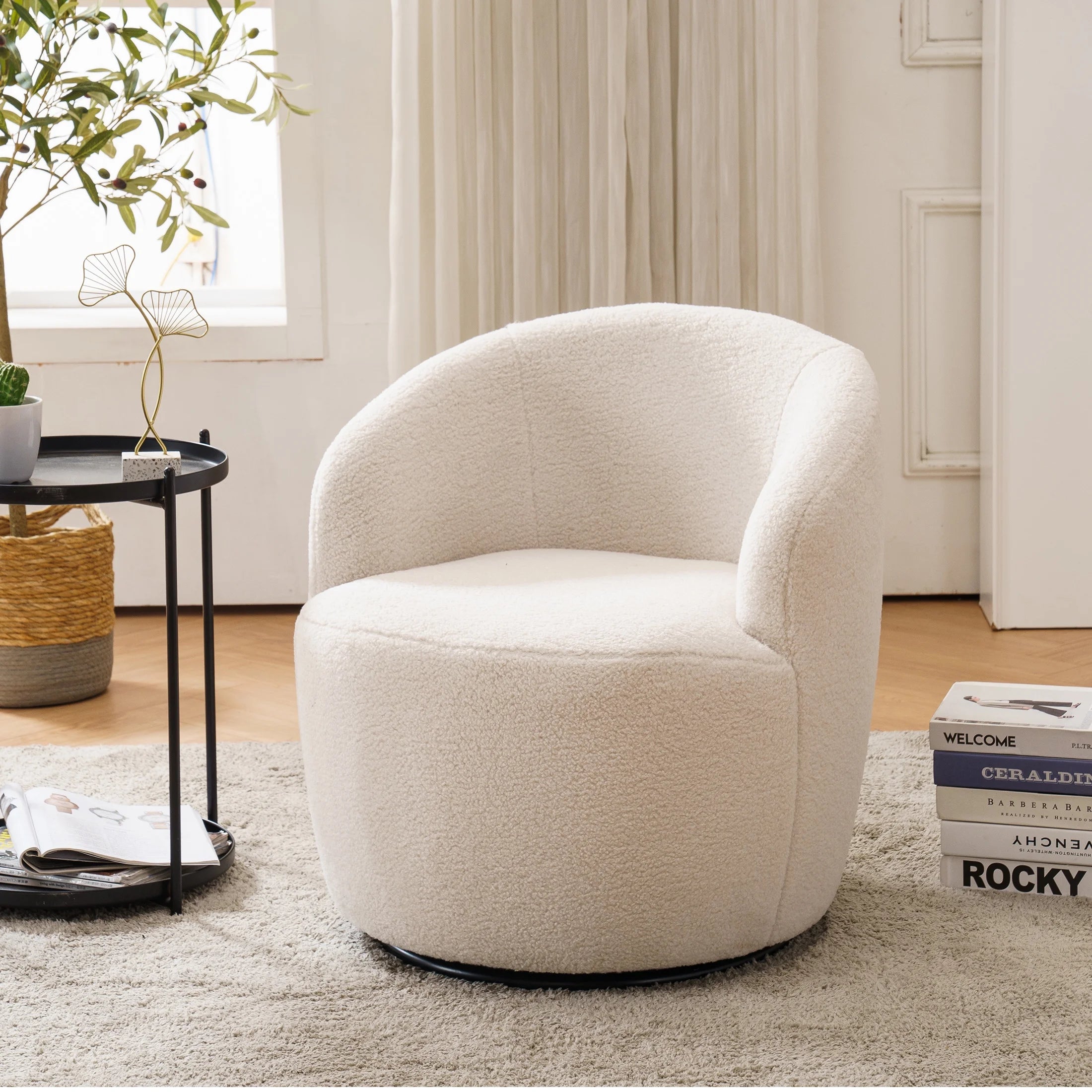 White Teddy Fabric Swivel Barrel Armchair P24443
