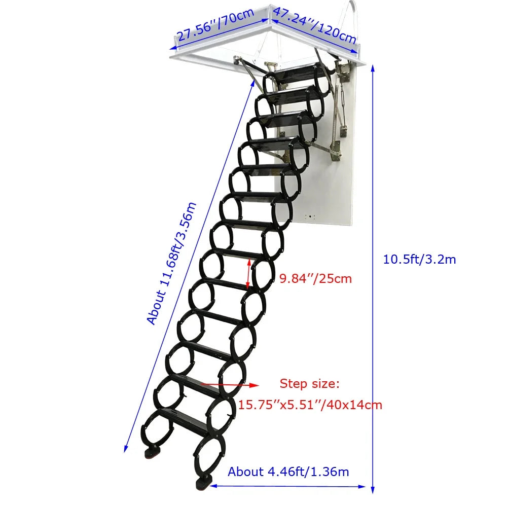 Black 13 Steps Ceiling Mounted Telescopic Loft Ladder U8451