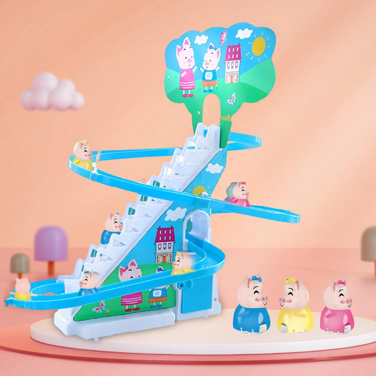 Electric Climbing Stair Toy with LED Flashing Lights Children's Roller Coaster Toy Set, 15x30x27cm X496