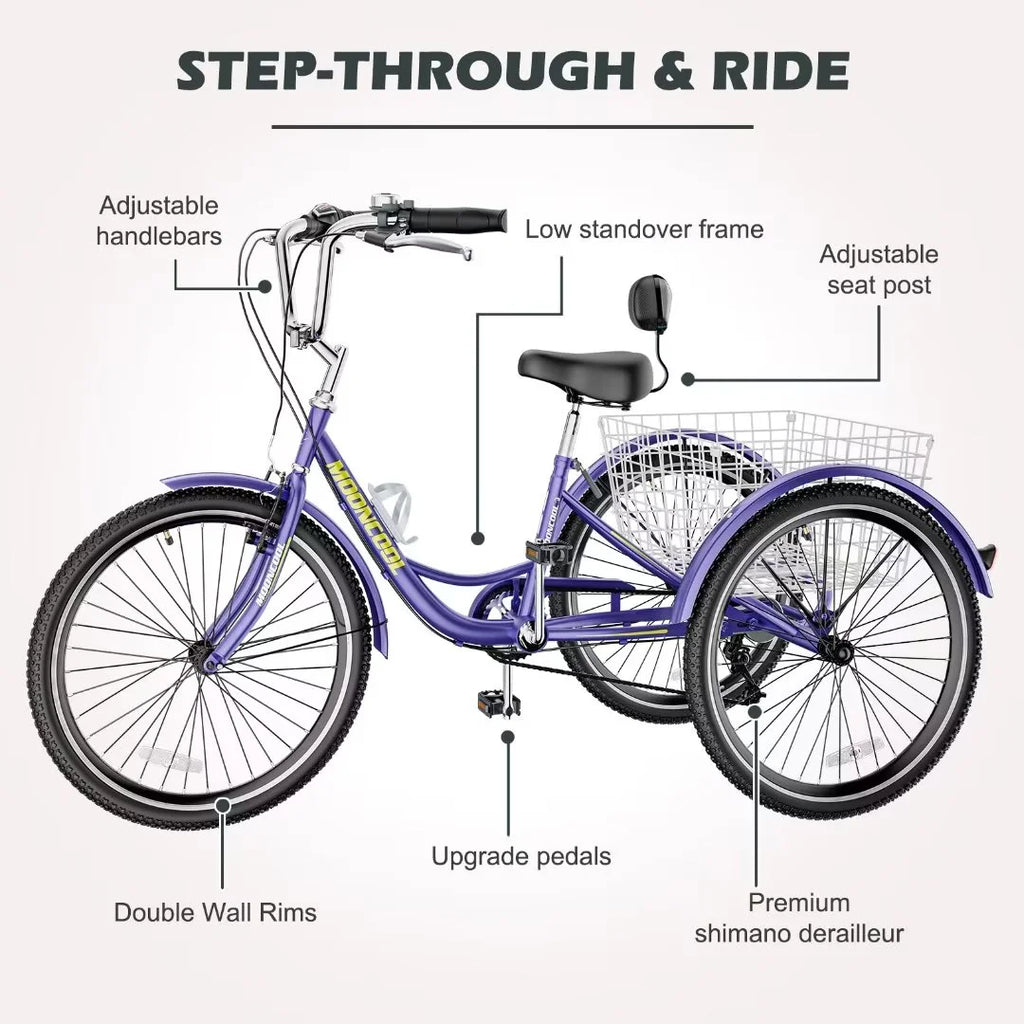 24"/26" Adult Tricycle Bike, 7 Speed 3-Wheel Bicycle, with Backrest & Shopping Basket L45425