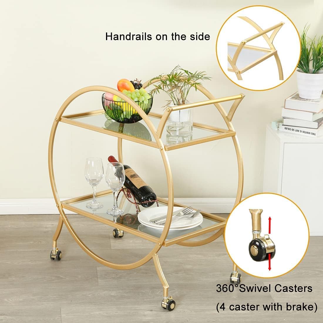 Gold Bar Cart with 2 Mirrored Glass Shelves W63857