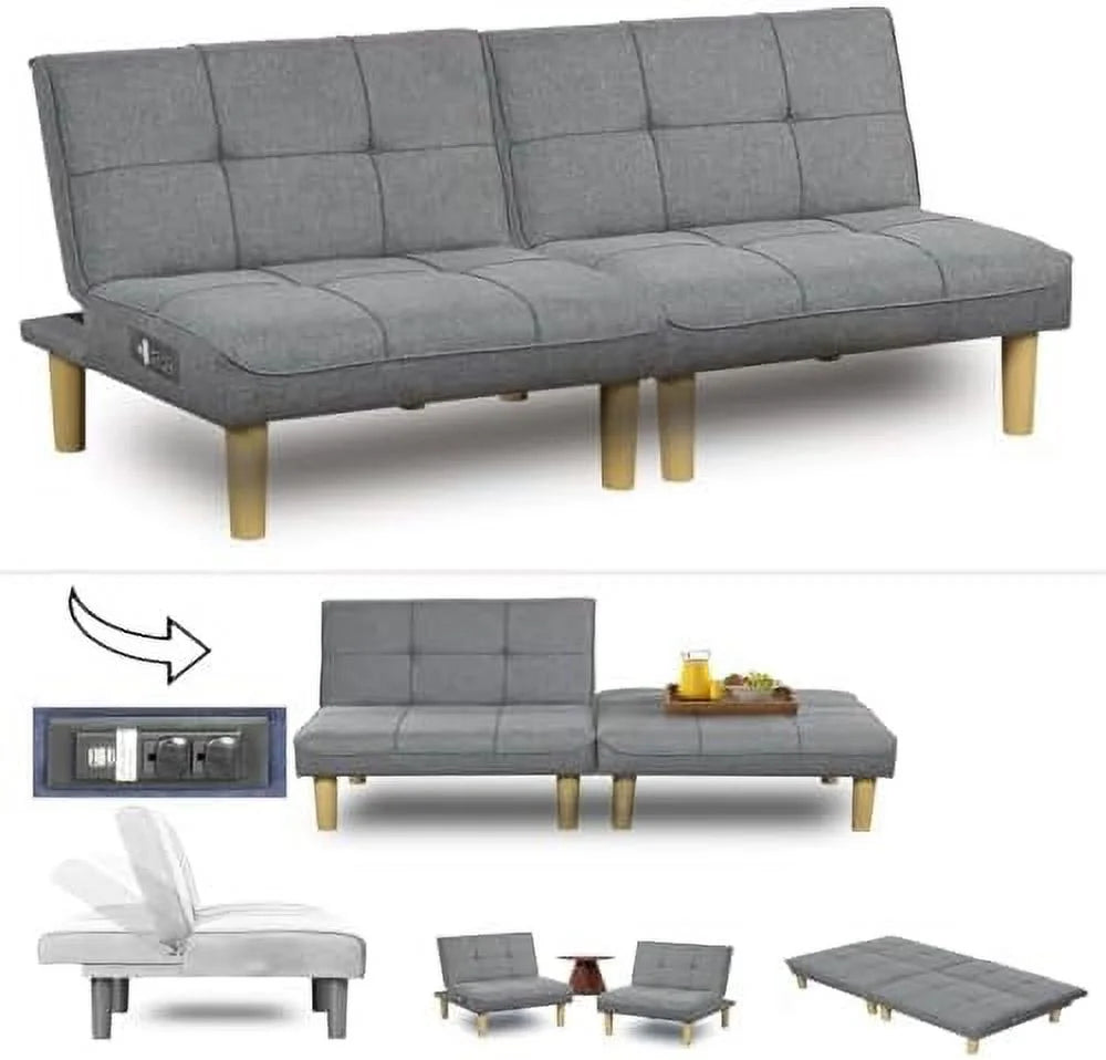 Comfy Convertible 2 Seater Futon Sofa Couch with USB Port Armless Adjustable Backrest I5828