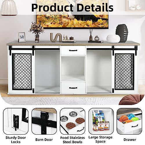 White 85" Sliding Door Double Dog Crate Kennel Furniture with 4 Dog Bowls and Drawer U57660