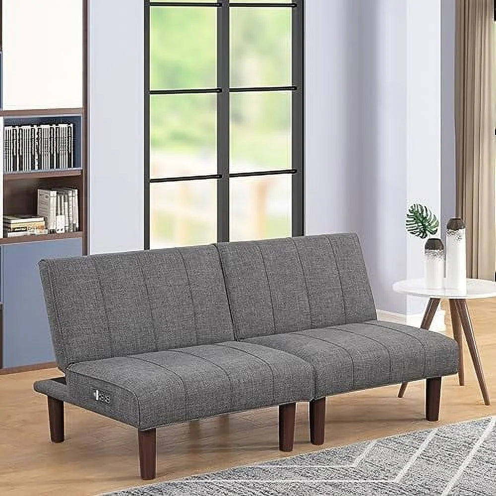 Comfy Convertible 2 Seater Futon Sofa Couch with USB Port Armless Adjustable Backrest I5828