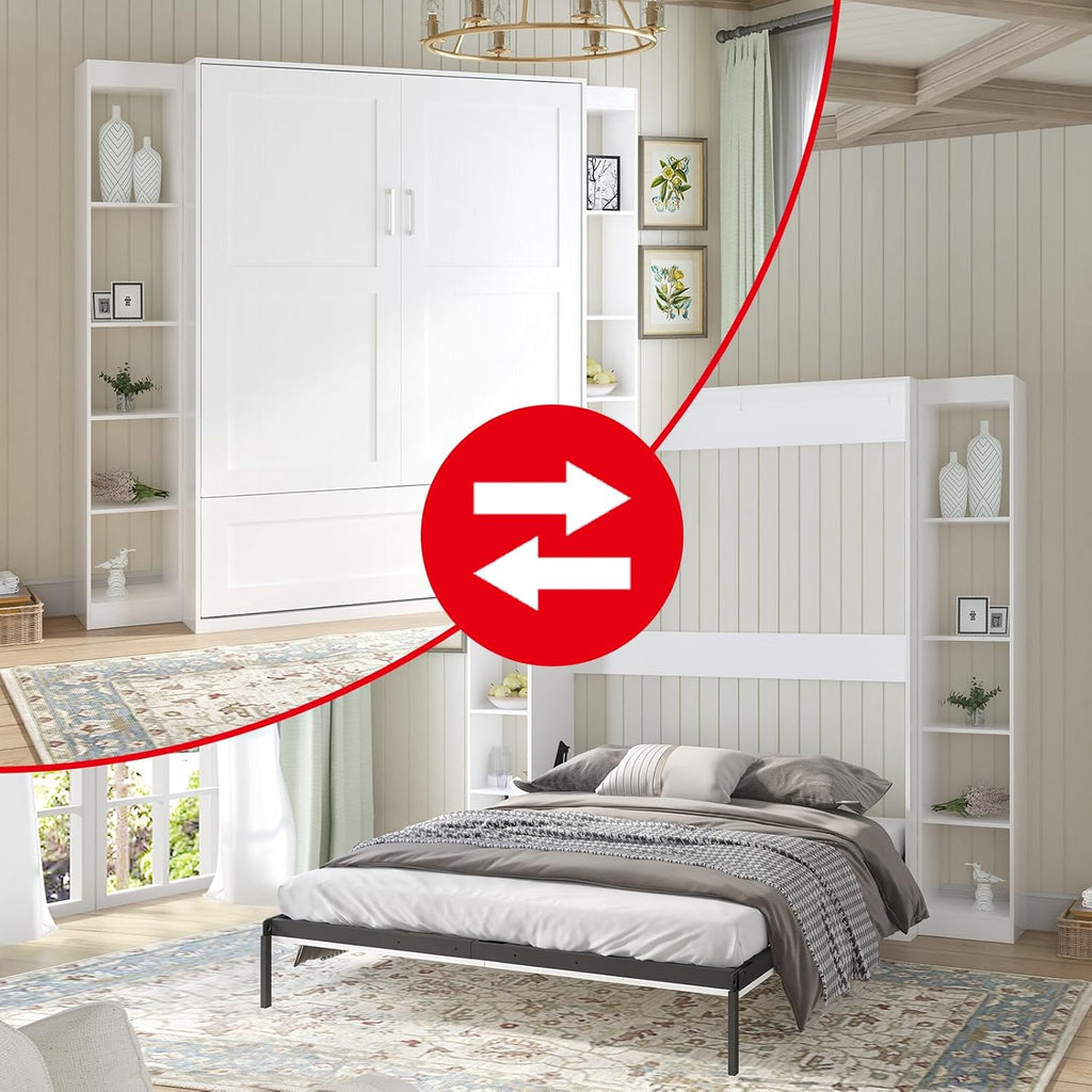 White Murphy Bed with Wardrobe, 2 Side Cabinet F6306