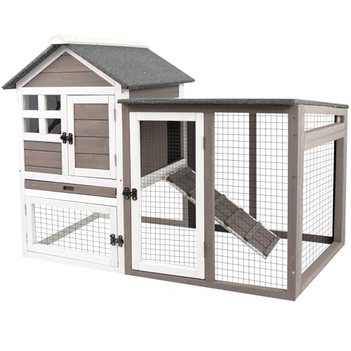 Grey 2-Story Fir Wood Rabbit Hutch with Pull Out Tray S277