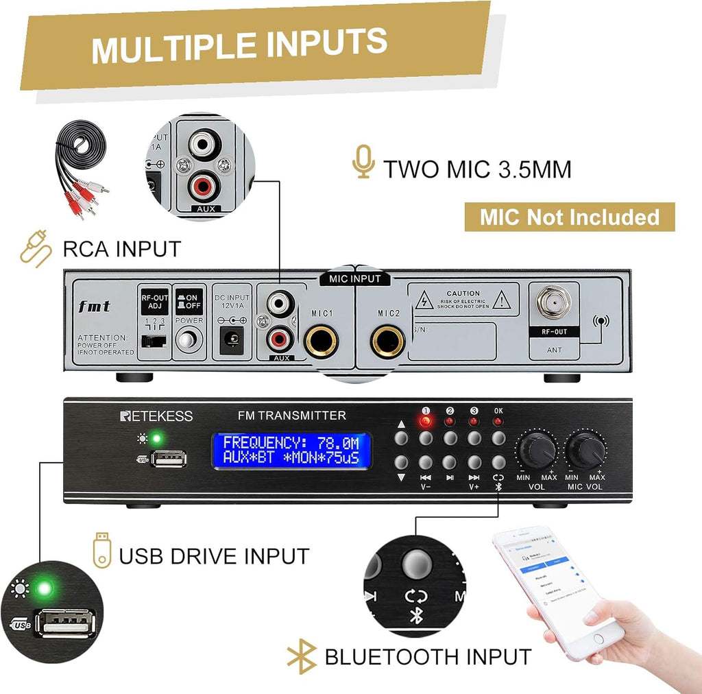 FM Transmitter with Dual Mic, 3 Preset Stations, USB Drive and RCA Inputs C544902