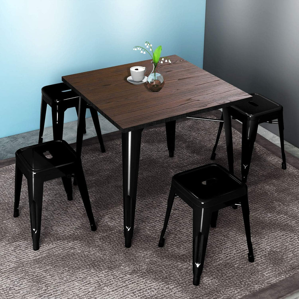 29.5 Inches Height Metal Dining Table with Solid Wood Top, Gloss Black C5996