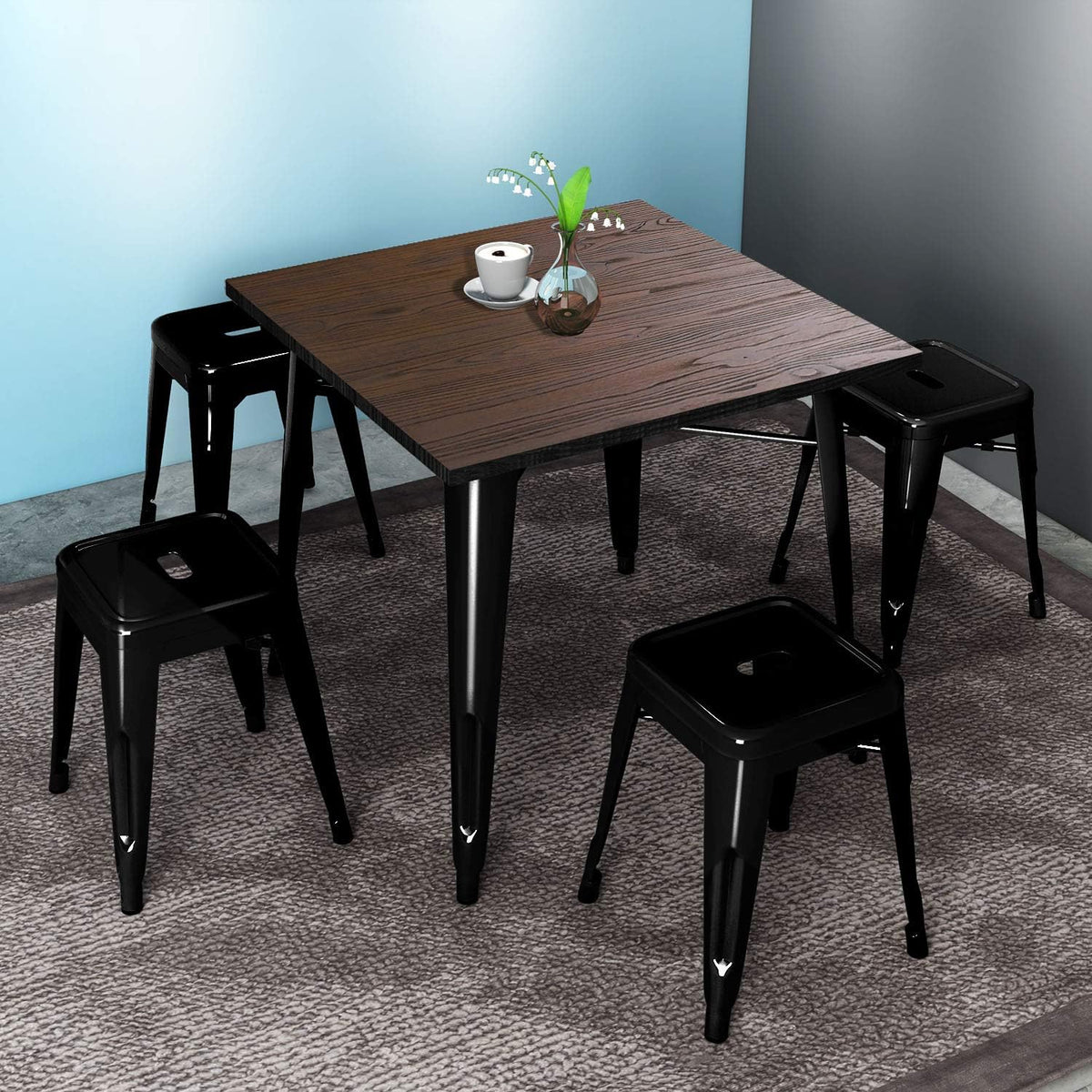 29.5 Inches Height Metal Dining Table with Solid Wood Top, Gloss Black C5996