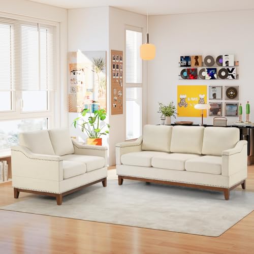 Beige 3-Seater Upholstered Sofa with Nailhead Trim E141779