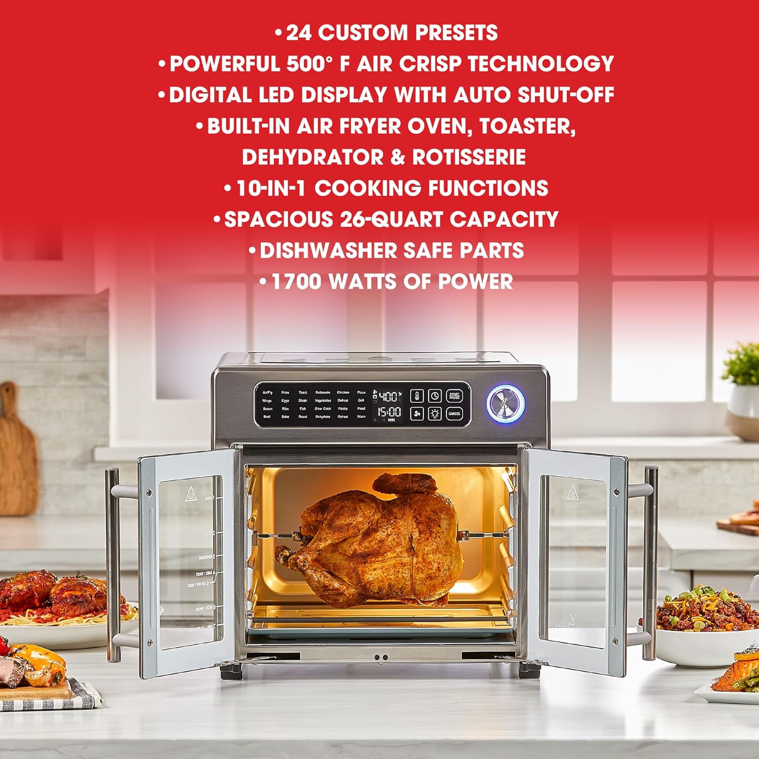 26 QT Extra Large Air Fryer Convection Toaster Oven with French Doors Stainless Steel S282717
