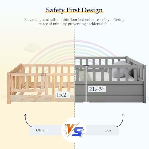 Full-White Wood Kids Floor Bed with Safety Guardrails J4932
