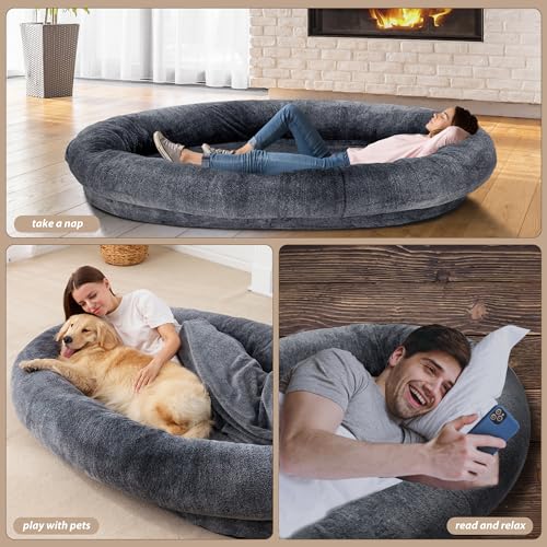 Large Human Dog Bed 72"x48"x10" Black with Washable Fur Cover W33939