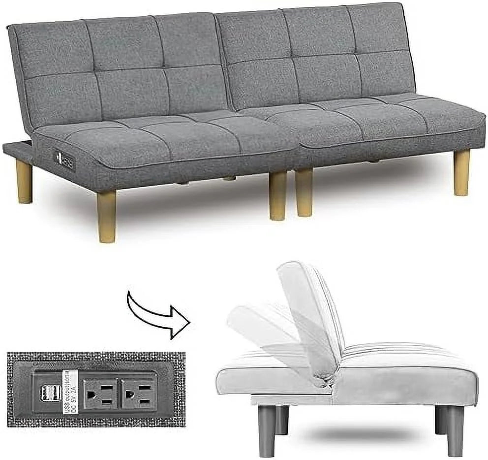 Comfy Convertible 2 Seater Futon Sofa Couch with USB Port Armless Adjustable Backrest I5828