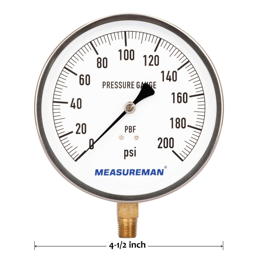 304 Stainless Steel Case Pressure Gauge, 0-200Psi, 4-1/2 Dial Size, Pack of 2 S869809