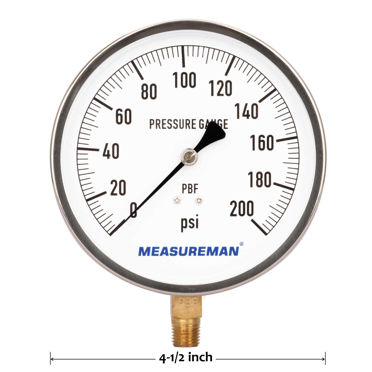 304 Stainless Steel Case Pressure Gauge, 0-200Psi, 4-1/2 Dial Size, Pack of 2 S869809