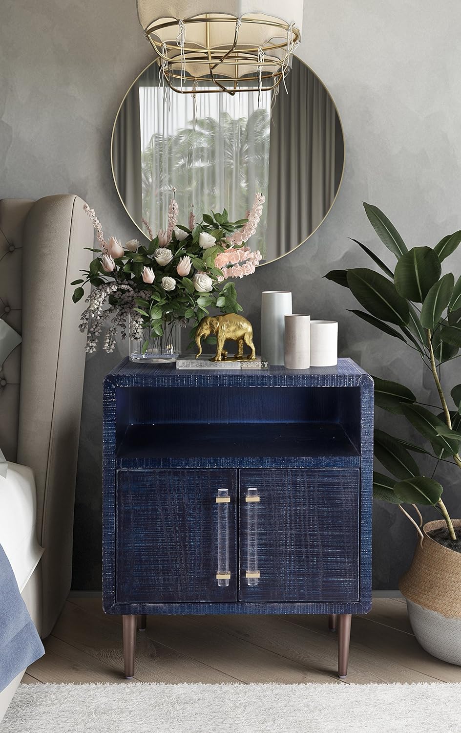 Indigo Square Lacquer Side Table with Shelf and Cabinet P808