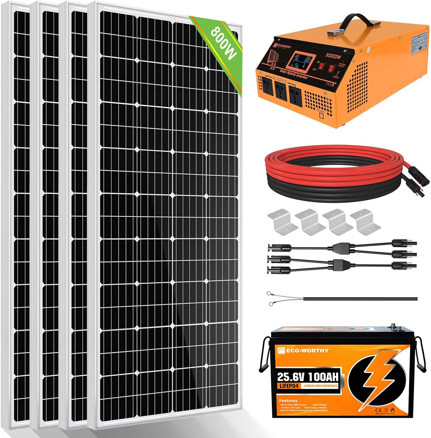 800 Watts Solar Panel Kit: 8pcs 100W Solar Panels + 60A PWM Charger Controller + 16Ft Solar Cable + Z Mounting Brackets G8805