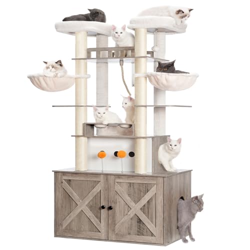 72-inch Wooden Cat Tree with Litter Box Enclosure and Scratching Post F79258
