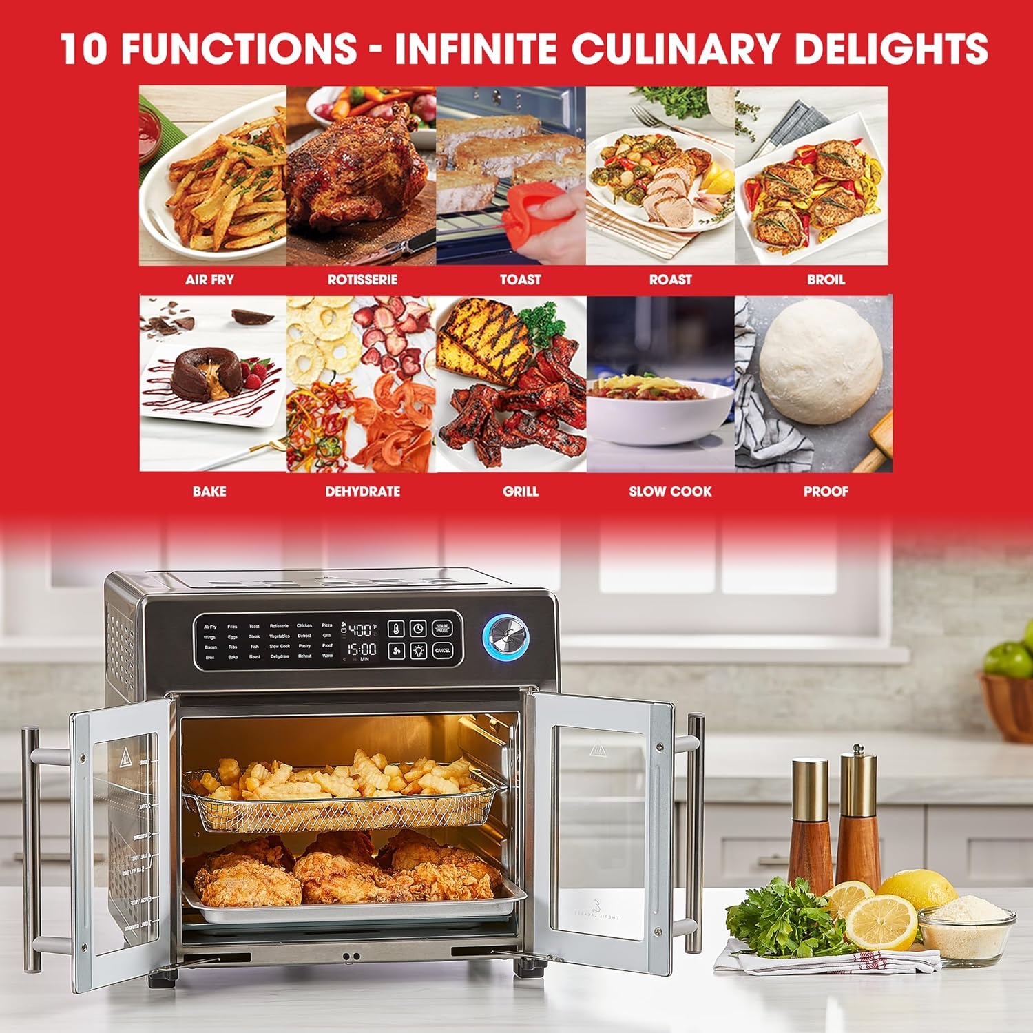26 QT Extra Large Air Fryer Convection Toaster Oven with French Doors Stainless Steel S282717