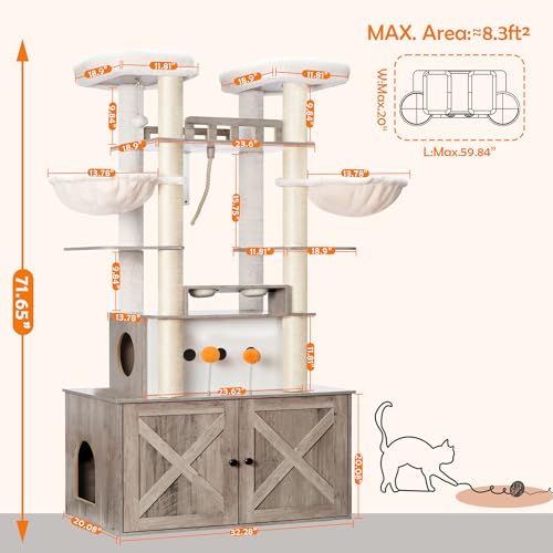 72-inch Wooden Cat Tree with Litter Box Enclosure and Scratching Post F79258